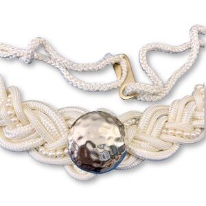 Vintage Statement Belt White Rope & Pearls Gold-tone Hammered Center